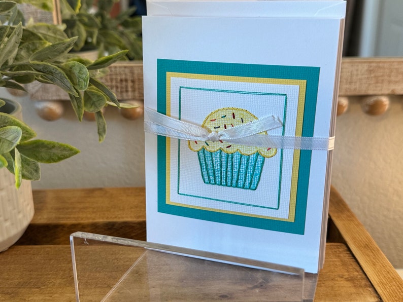 Sweet Cupcake Hand-Stitched Card Multiple Colors, Single Teal/Yellow