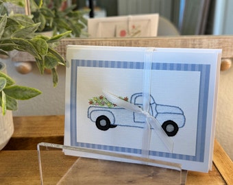 Blue Truck with Flowers Hand-Stitched Card (Single)