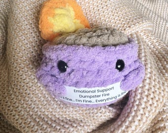 Emotional Support Dumpster Fire Plushie – Funny Handmade Crochet Toy – I’m Fine Gift – Stress Relief Plush – Mental Health Humor