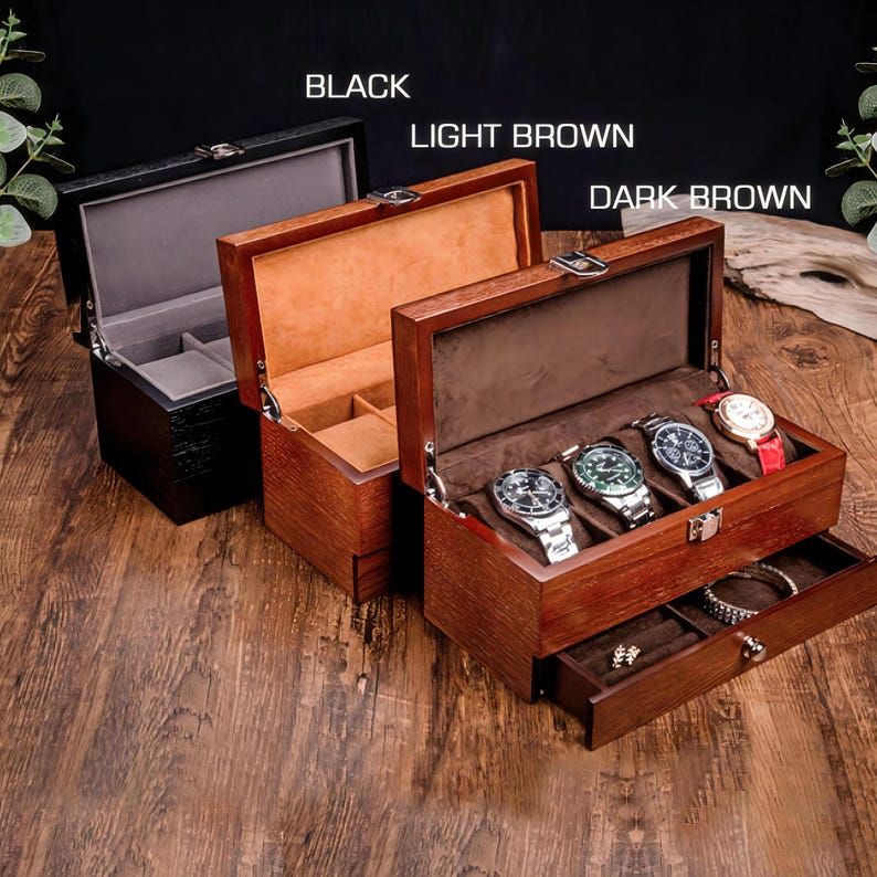 Personalized Watch Jewelry Box with Drawer, Gift for Dad, Engraved Wooden Watch Case, Watch Box for Men, Mens Gift, Anniversary Gift for Him image 6
