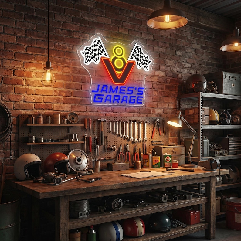 Custom V8 Engine Neon Sign Personalized Garage Name LED Light Man Cave ...