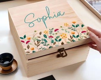 Custom Personalised wooden Wildflower Jewellery Box,Large keepsake box with pyrography floral design,Mother's Day Gift,Gift for mom