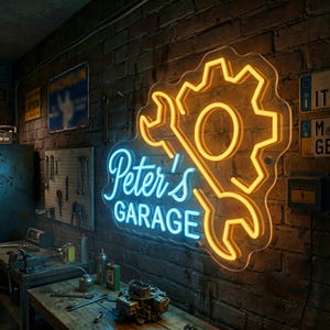 May include: A neon sign for "Peter's Garage" with a gear and wrench design. The sign has a blue and yellow glow, mounted on a brick wall. The garage setting includes tools, workbenches, and automotive parts.
