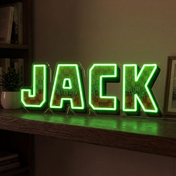 A fully custom LED neon sign with a gamer's name in game-style font — legitimately striking bedroom wall art that feels bespoke.