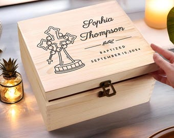Engraved Wood Keepsake Box,Personalized Baptism, First Communion, Christening Gift, Religious Gift for Godchild, Grandchild, Godparents