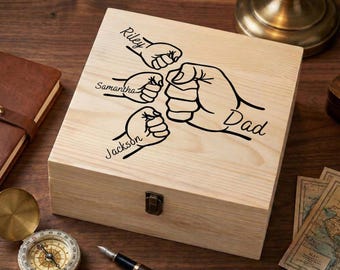 Custom Family Fist Bump Wooden Keepsake Box | Personalized Dad Grandpa Gift with Kids Names | Fathers Day Memory Box | Dad Grandpa Gift