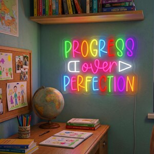 Progress Over Perfection Neon Sign, Rainbow Motivational Neon Light, Growth Mindset Classroom Wall Decor, Teacher Gift, Student Bedroom Sign