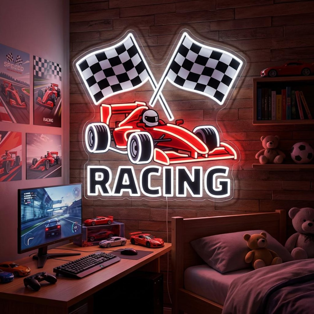 Racing Neon Sign Race Car LED Light With Checkered Flags - Formula 1 ...