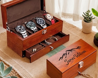 Personalized Watch Jewelry Box with Drawer, Gift for Dad, Engraved Wooden Watch Case, Watch Box for Men, Mens Gift, Anniversary Gift for Him