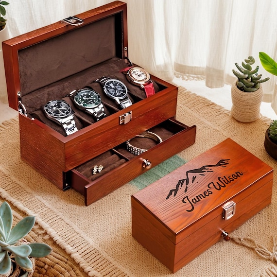 Personalized Watch Jewelry Box with Drawer, Gift for Dad, Engraved Wooden Watch Case, Watch Box for Men, Mens Gift, Anniversary Gift for Him