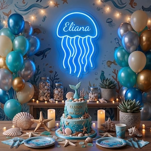 Jellyfish Neon Sign for Kids Room, Custom Name LED Light on Acrylic, Ocean Nursery Decor, Mermaid Birthday Party Backdrop Gift