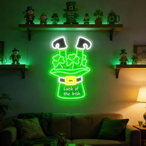 May include: A neon green sign with the text "Luck of the Irish" in a leprechaun hat design. The sign is surrounded by other St. Patrick's Day decorations, including leprechaun figurines and shamrocks.