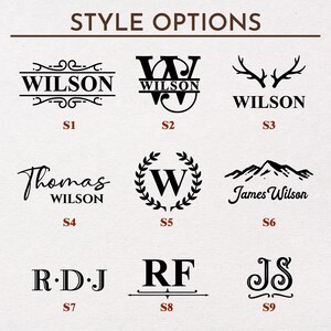May include: Nine different style options for personalized wooden signs. The styles include a classic script font, a monogram, a deer antler design, a handwritten name, a monogram with a wreath, a mountain range, a monogram with a line, and a monogram with a swirl.