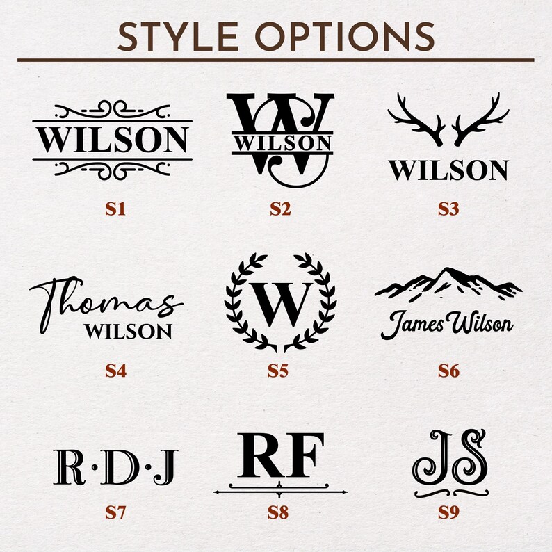 May include: Nine different style options for personalized wooden signs. The styles include a classic script font, a monogram, a deer antler design, a handwritten name, a monogram with a wreath, a mountain range, a monogram with a line, and a monogram with a swirl.