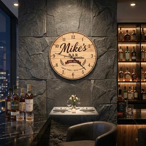 Custom Bar Name Clock, Personalized Wooden Pub Sign Wall Clock with Est. Year, Home Bar Decor, Man Cave Gift, Whiskey Lover Present