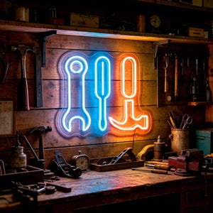 Può includere: Un'insegna al neon raffigurante una chiave inglese, un cacciavite e un martello in blu e arancione, sullo sfondo di un'officina in legno. Il banco da lavoro e le mensole sono pieni di attrezzi, creando un'estetica vintage. L'insegna è montata su una parete di legno.