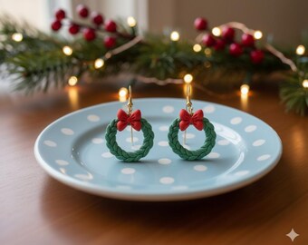 Polymer Clay Christmas Wreath Earrings with Red Bow