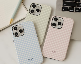 Gingham Personalized Phone Case Initials Monogram Plaid Blue Pink Green iPhone 17 16 18 Air Pro Max Plus Samsung Galaxy S26 Google Pixel 10