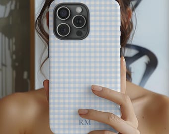 Gingham Personalized Phone Case Initials Monogram Plaid Blue Pink Green iPhone 17 16 18 Air Pro Max Plus Samsung Galaxy S26 Google Pixel 10