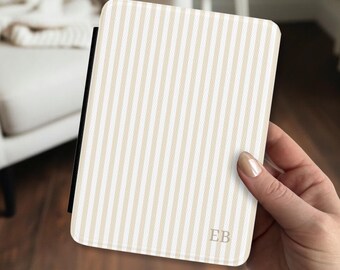 Tan Striped Personalized Kindle Case with Handle Monogram Initials Pastel Kindle Paperwhite Colorsoft Signature Edition 11th 12th Generation