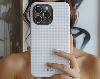 Gingham Personalized Phone Case Initials Monogram Plaid Blue Pink Green iPhone 17 16 18 Air Pro Max Plus Samsung Galaxy S26 Google Pixel 10