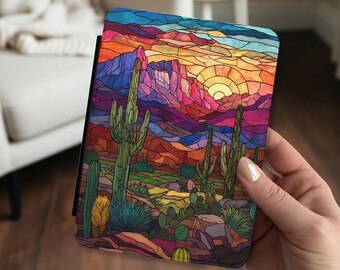 Stained Glass Desert Kindle Case with Handle Strap Cactus Sunset Mountain Kindle Paperwhite Colorsoft Signature Edition 11th 12th Generation