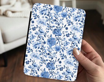 Blue Floral Kindle Case with Handle Chinoiserie Flower Coastal Preppy Kindle Paperwhite Colorsoft Signature Edition 11th 12th Generation