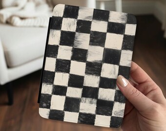 Abstract Checkered Kindle Case with Handle Strap Black White Cream Check Kindle Paperwhite Colorsoft Signature Edition 11th 12th Generation