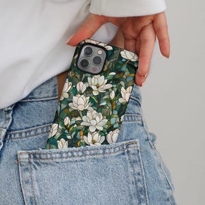 Funda para teléfono con diseño de flor de magnolia en vitral, mosaico floral único para iPhone 17 16 15 14 13 Air Pro Max Plus, Samsung Galaxy S26 Ultra y Google Pixel 9.