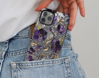 Lila Blumen Stained Glass Handyhülle Blumen-Mosaik Silber Gold iPhone 17 16 15 14 Air Pro Max Plus Samsung Galaxy S26 Ultra Google Pixel 9