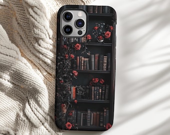 Dark Academia Gothic Rose Phone Case Book Shelf Moody Goth iPhone 17 16 15 14 13 Air Pro Max Plus Samsung Galaxy S26 Ultra Google Pixel 10 9