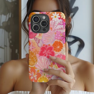 Pink and Orange Collage Phone Case Beach Floral Seashell iPhone 17 16 15 14 13 12 Air Pro Max Plus Samsung Galaxy S26 S25 Google Pixel 9 9 7