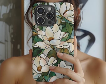 Magnolia Flower Stained Glass Phone Case Mosaic Floral iPhone 17 16 15 14 13 Air Pro Max Plus Samsung Galaxy S26 S25 Ultra Google Pixel 10 9