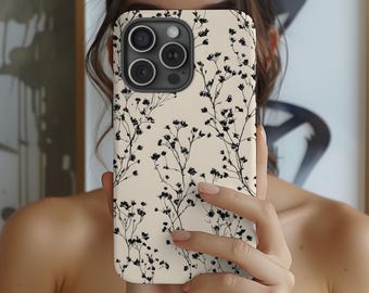 Neutral Wildflower Phone Case Floral Pattern Black White iPhone 17 16 18 14 13 Air Pro Max Plus Samsung Galaxy S26 S25 Ultra Google Pixel 10