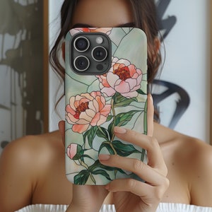 Stained Glass Pink Peony Phone Case Flower Delicate iPhone 16 15 14 13 12 11 Pro Max Plus X Samsung Galaxy S25 S24 Ultra Google Pixel 9 8 7