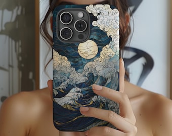 Full Moon Ocean Waves Stained Glass Phone Case Mosaic iPhone 17 16 15 14 13 Air Pro Max Plus Samsung Galaxy S26 S25 Ultra Google Pixel 9 9 7