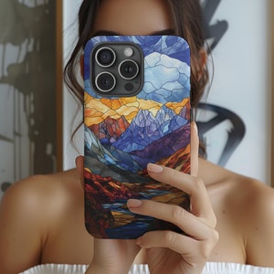 Stained Glass Mountain Phone Case Nature Outdoors Mosaic iPhone 16 15 14 13 12 11 Pro Max Plus Samsung Galaxy S25 S24 Ultra Google Pixel 9 8