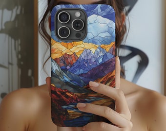Stained Glass Mountain Phone Case Nature Outdoors Mosaic iPhone 17 16 15 14 13 12 Air Pro Max Plus Samsung Galaxy S26 Ultra Google Pixel 9 9