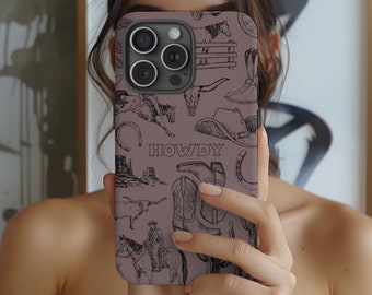 Western Phone Case Collage Cowboy Boots Howdy Neutral iPhone 16 15 14 13 12 11 Pro Max Plus X Samsung Galaxy S25 S24 Ultra Google Pixel 9 8