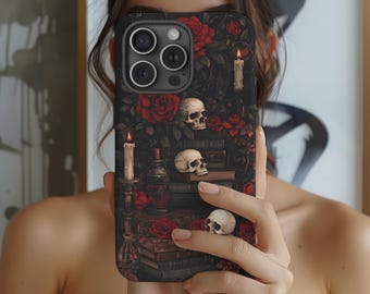 Goth Skull Phone Case Dark Academia Moody Rose Gothic Book iPhone 17 16 15 14 13 12 Air Pro Max Plus Samsung Galaxy S26 Ultra Google Pixel 9