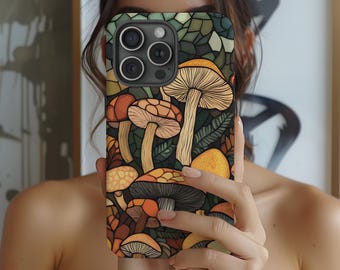 May include: A phone case with a colorful illustration of mushrooms in a forest setting. The case is made of a hard plastic material and has a matte finish.