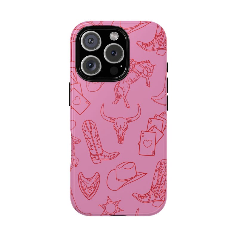 May include: Pink iPhone case with a red line drawing pattern of cowboy boots, a skull, a horse, playing cards, and a sheriff's star.