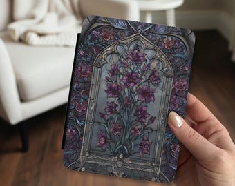 Goth Stained Glass Purple Flower Kindle Case with Handle Fantasy Reader Kindle Paperwhite Colorsoft Signature Edition 11th 12th Generation