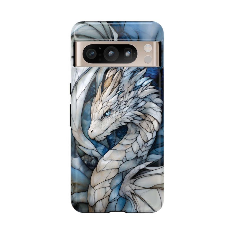 May include: A phone case featuring a white dragon with blue accents. The dragon is depicted in a stained glass style with intricate details.