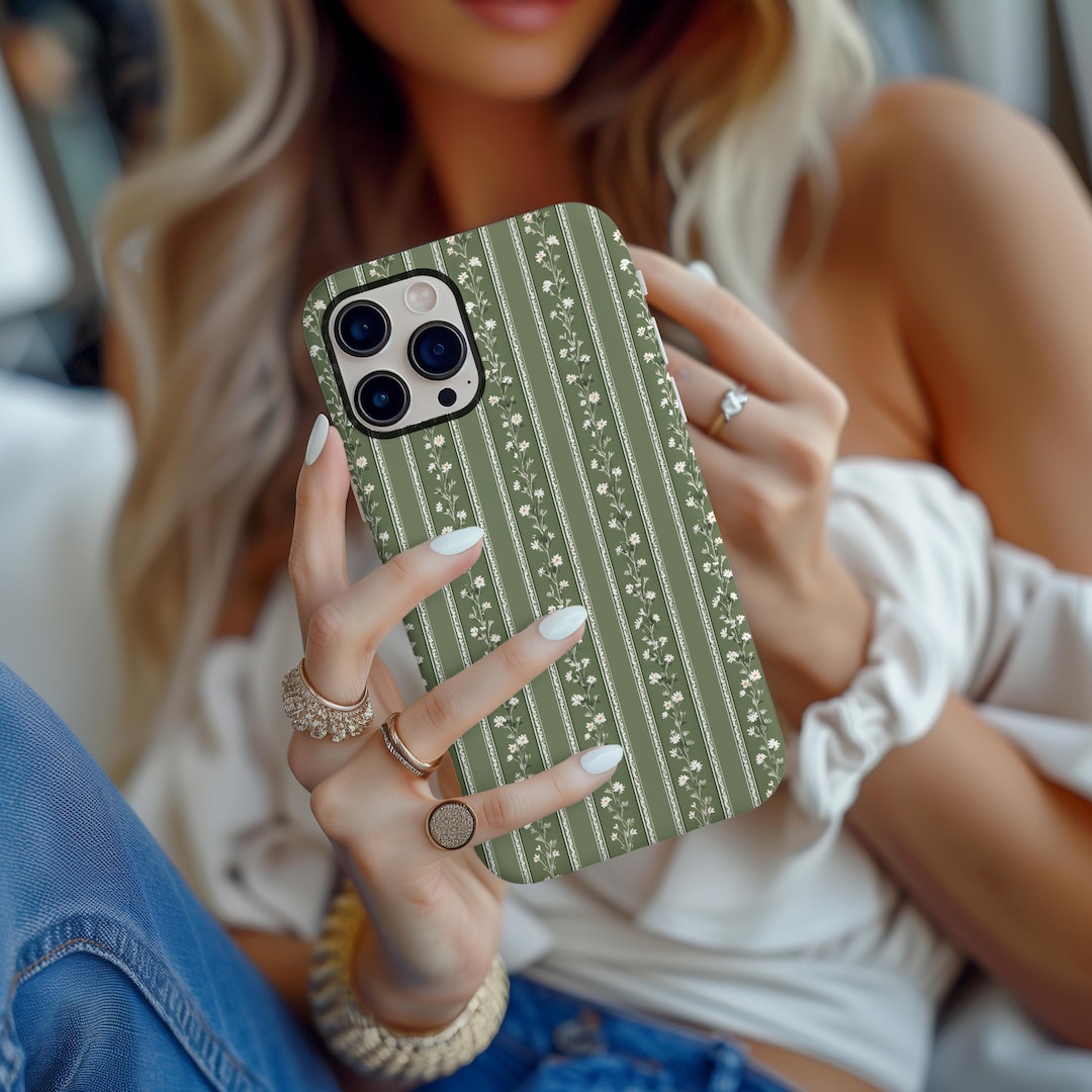 Green Floral Striped Phone Case Flower Pattern Lace iPhone 17 16 15 14 ...
