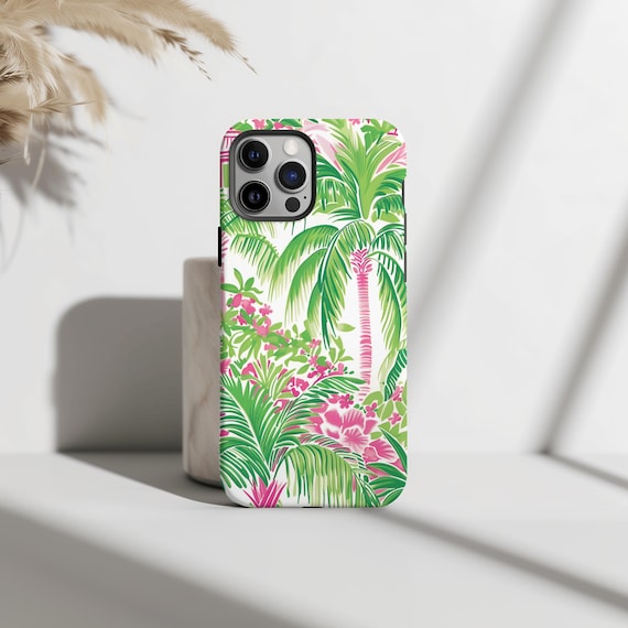 Preppy Phone Case Tropical Pattern Palm Leaves Green Pink iPhone 17 16 15 14 13 Air Pro Max Plus Samsung Galaxy S26 S25 Ultra Google Pixel 9