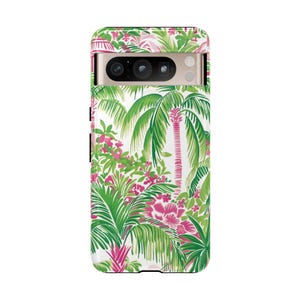 May include: A white phone case with a tropical print featuring green palm trees and pink flowers.