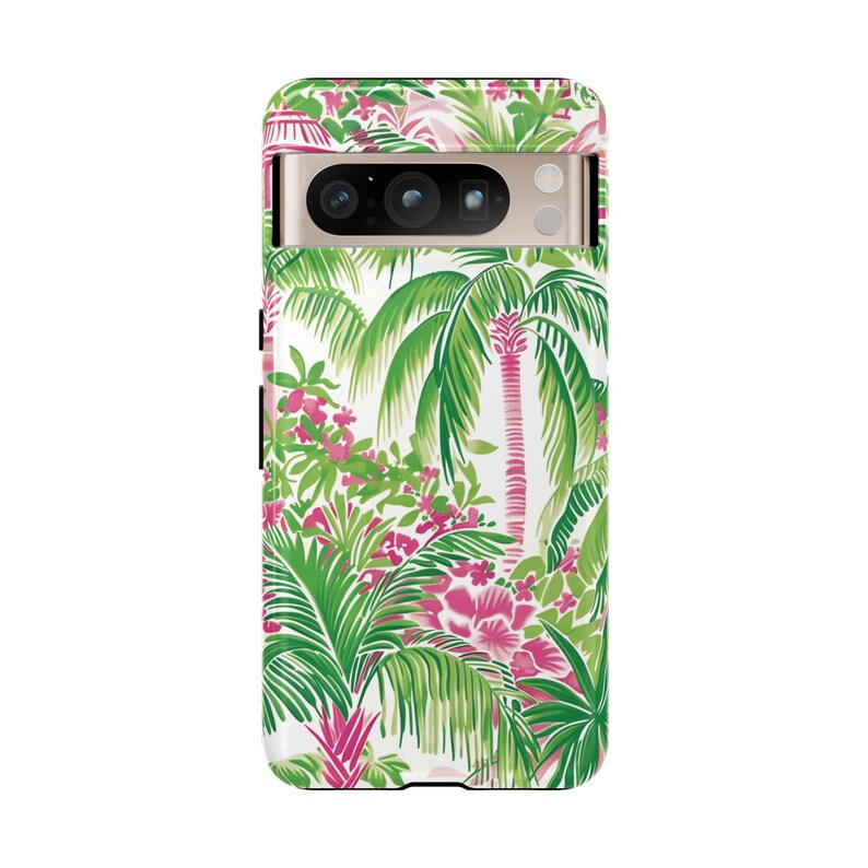 May include: A white phone case with a tropical print featuring green palm trees and pink flowers.