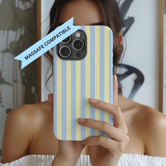 MagSafe Compatible Butter Yellow Blue Striped Phone Case Summer Spring Stripes iPhone 17 Air Pro Max Plus Case iPhone 16 15 14 Pro Max Plus