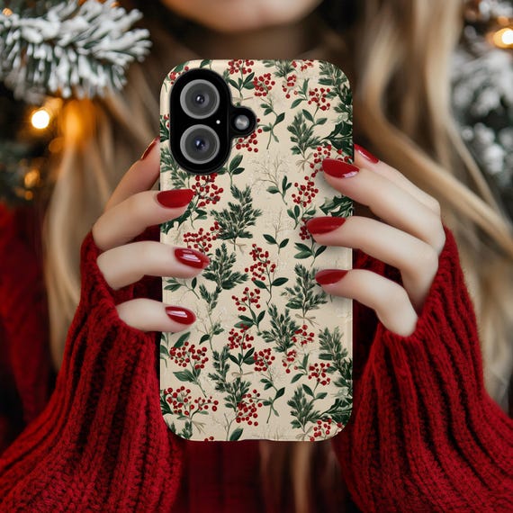 Vintage Christmas Phone Case Holly Berries Greenery iPhone 17 16 15 14 13 12 Air Pro Max Plus Samsung Galaxy S26 S25 Ultra Google Pixel 10 9
